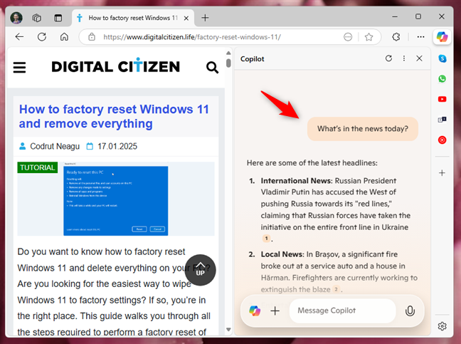 Asking Copilot to tell the news