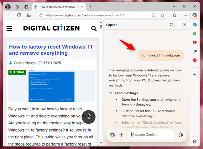 Using Copilot in Edge to summarize a web page