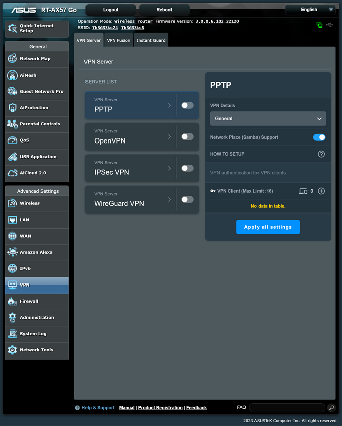 The VPN features available on the ASUS RT-AX57 Go