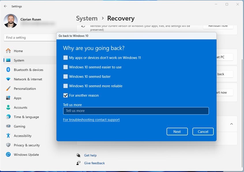 Choose your reason for going back to Windows 10