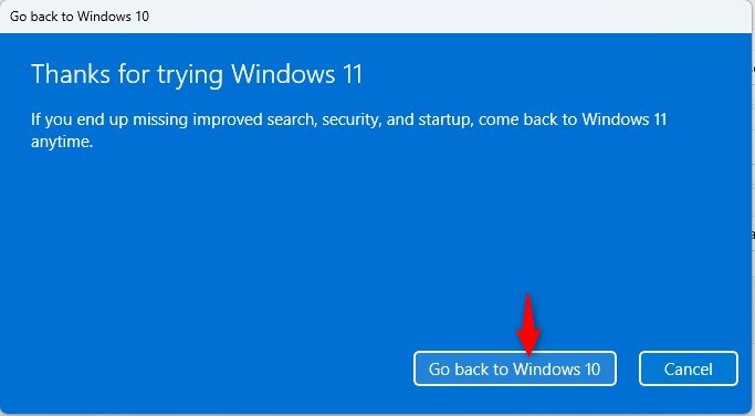 Finally, choose Go back to Windows 10