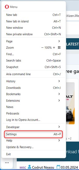 Go to Settings in Opera or Opera GX