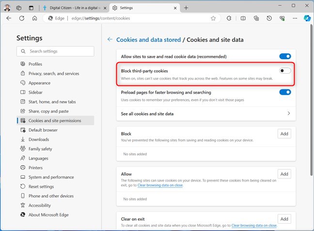 Enable Block third-party cookies in Microsoft Edge