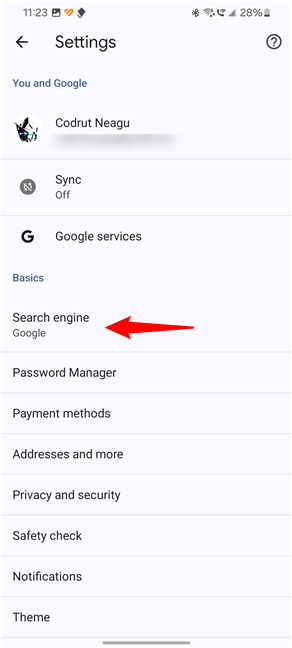Access search engine settings in Google Chrome for Android