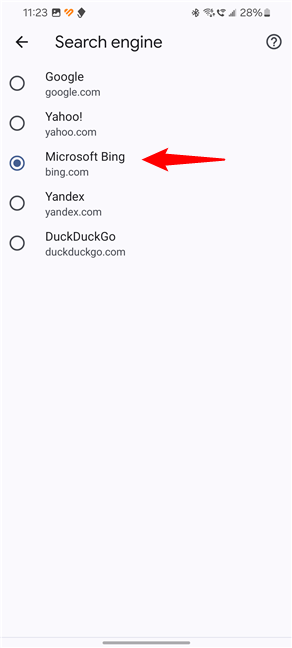 Select the search engine for Google Chrome for Android
