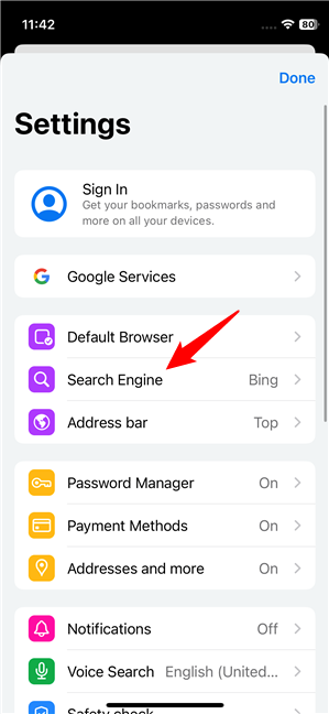 Access search engine settings in Google Chrome for iOS