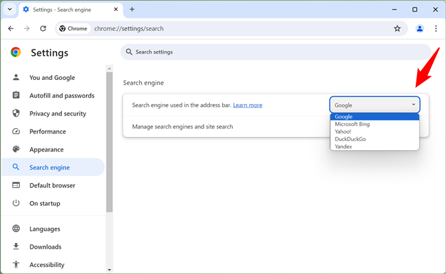 Change the search engine in Google Chrome for Windows