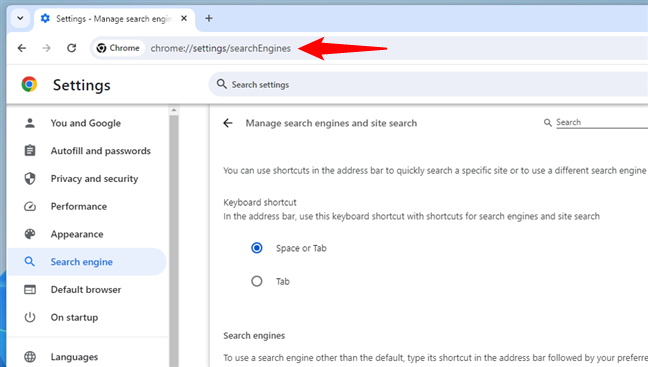 You can also go to chrome://settings/searchEngines directly