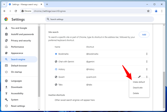 Set a new search engine in Google Chrome for Windows