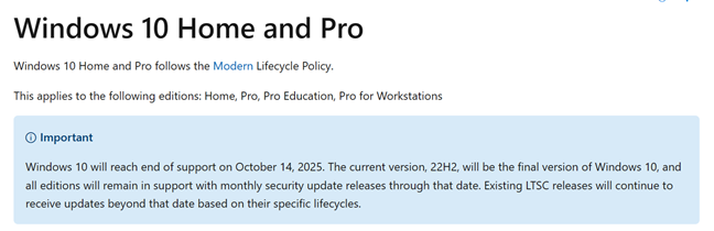 Windows 10 won't receive security updates after October 14, 2025