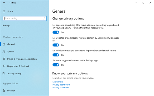 Privacy settings in Windows 10