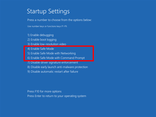 Entering Safe Mode in Windows 10