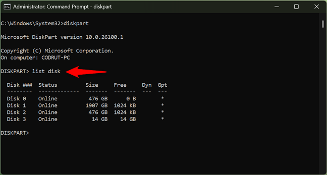 Using Diskpart to list the drives from a PC