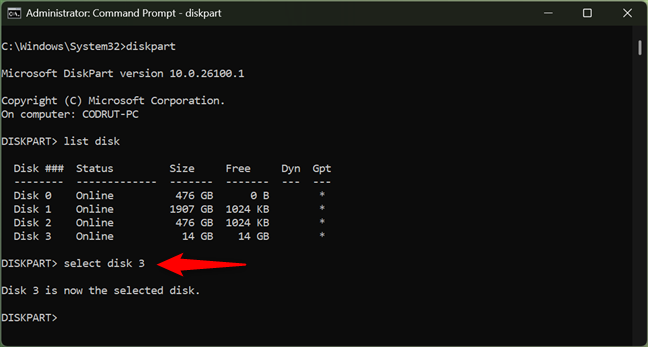 Using Diskpart to select the disk on which the following commands are applied to