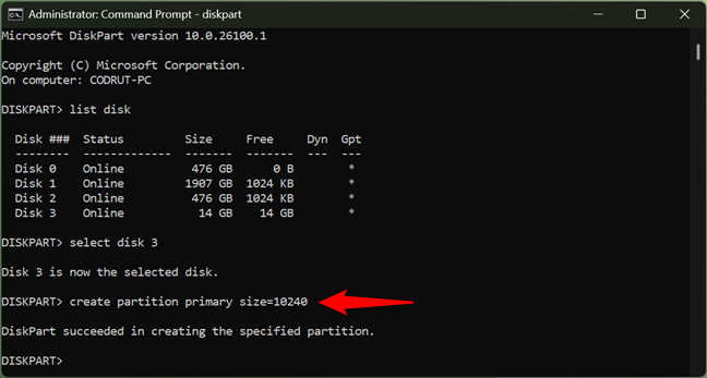 Using Diskpart to create a primary partition