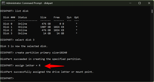 Using Diskpart to assign a letter to a partition (unhide a partition)