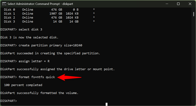 Formatting a partition with Diskpart in Command Prompt