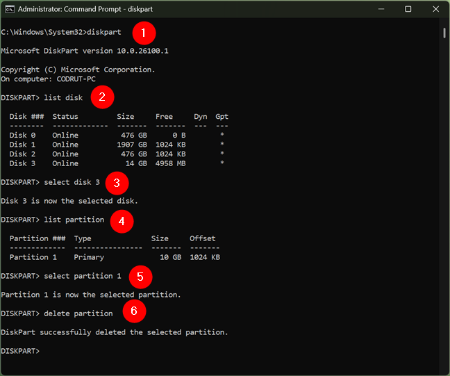 Using Diskpart in Command Prompt to delete a partition