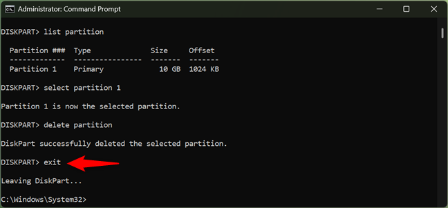 Exiting Diskpart in Command Prompt