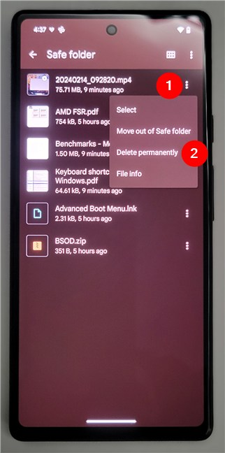 Select a file and permanently delete it from the Safe folder