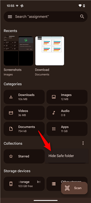 Tap Hide Safe folder