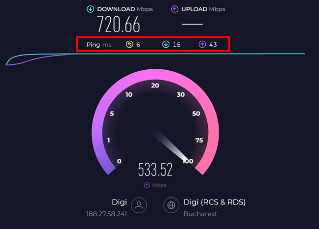 Ping results in SpeedTest