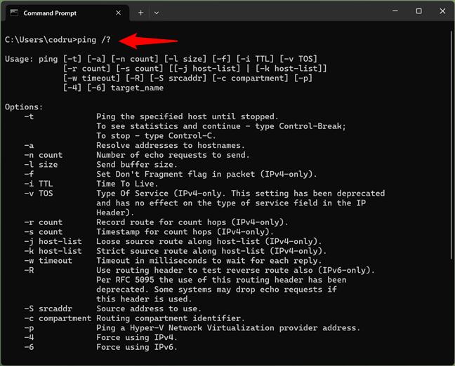 How to see the parameters of ping in CMD