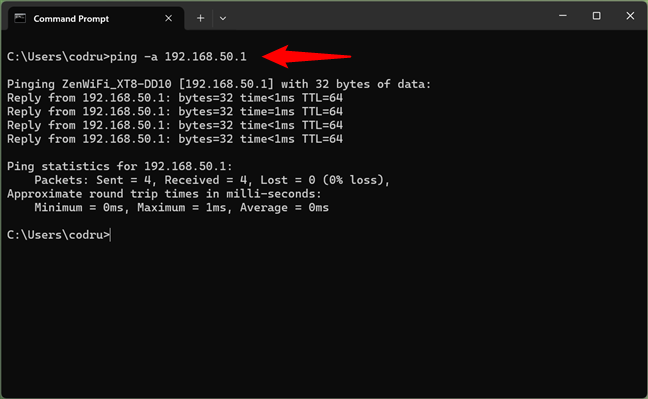 How to ping and find the name of a host