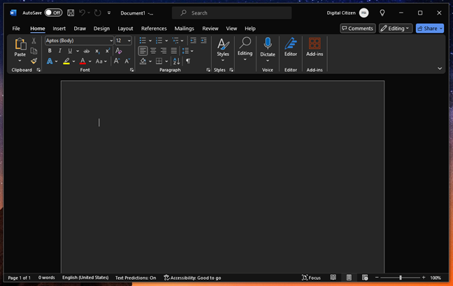 Microsoft Office (Word) in Dark Mode