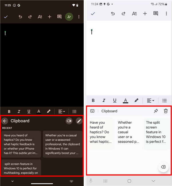 The Clipboard items in Google Gboard and Samsung Keyboard