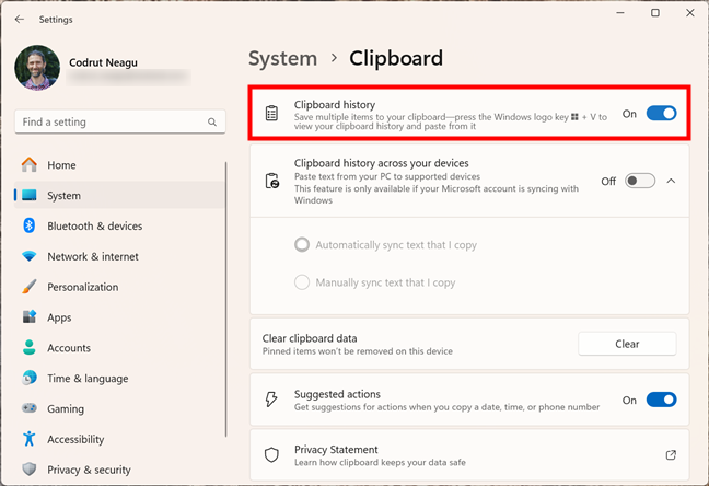 Enable clipboard history in Windows 11