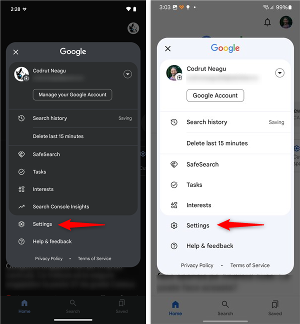 Tap Settings in the Google menu