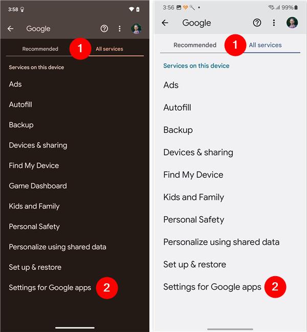 Select All services and tap Settings for Google apps