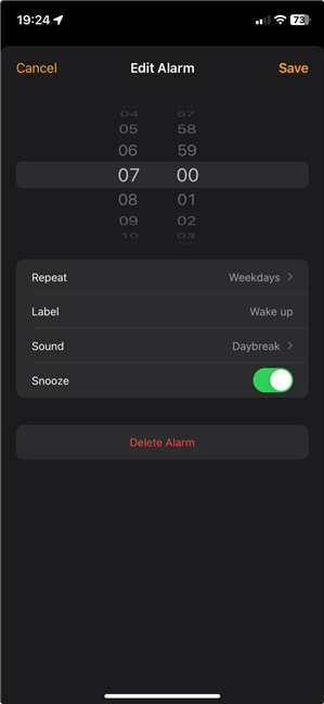 The Edit Alarm screen