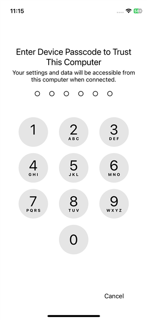 The iPhone asks for the PIN code