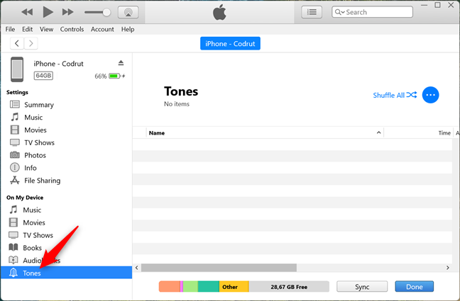 The Tones section from the On My Device list