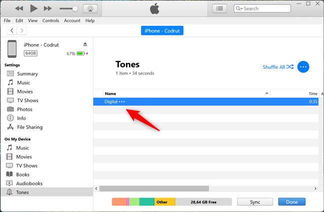 The custom ringtone has been synced with the iPhone