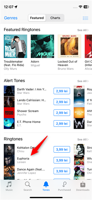 Find the tone you want in the Tones section from iTunes Store