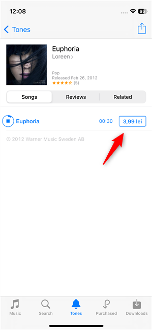 Tap the price of the ringtone