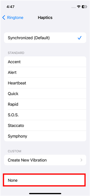 Tap None to turn off haptics for the ringtone