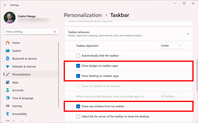 How to show badges, flashing, and sharing options for taskbar apps