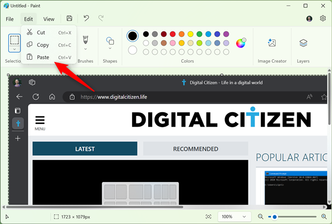 Paste a screenshot of the active window in Paint for Windows 11