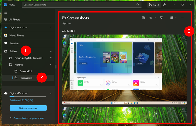 Screenshots viewed in the Photos app from Windows 11