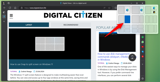 Click or tap on the desired position for your window in the preferred layout