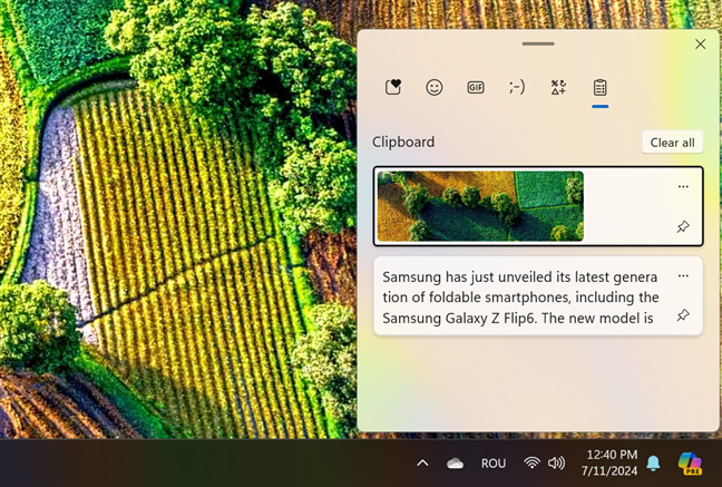 The Clipboard panel in Windows 11
