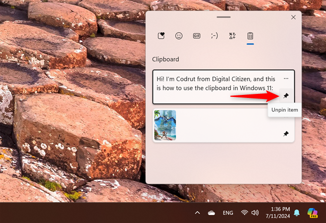 How to unpin an item from the clipboard