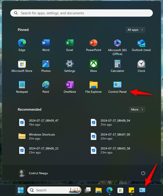 Control Panel shortcuts pinned to the Start Menu and taskbar