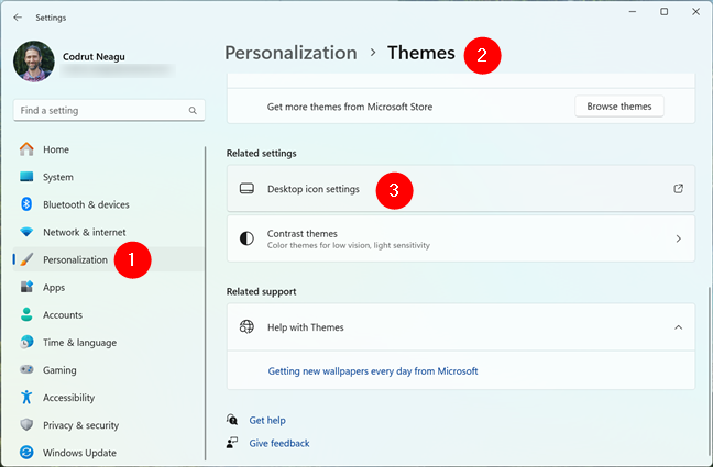 Open Settings and go to Personalization > Themes > Desktop icon settings