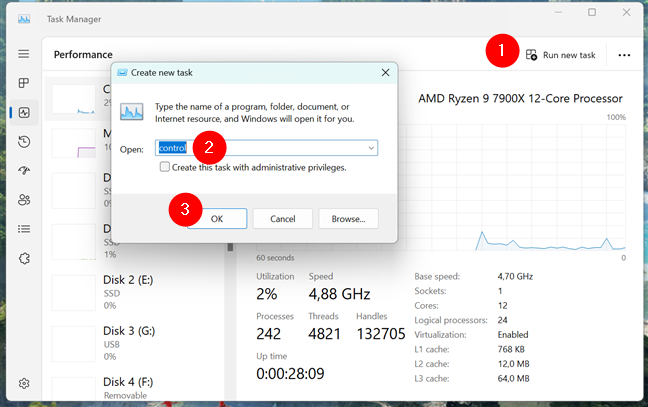 Open Control Panel using Task Manager