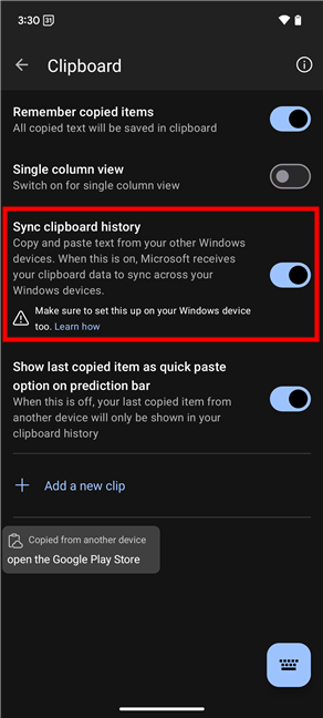 Enable the Sync clipboard history switch